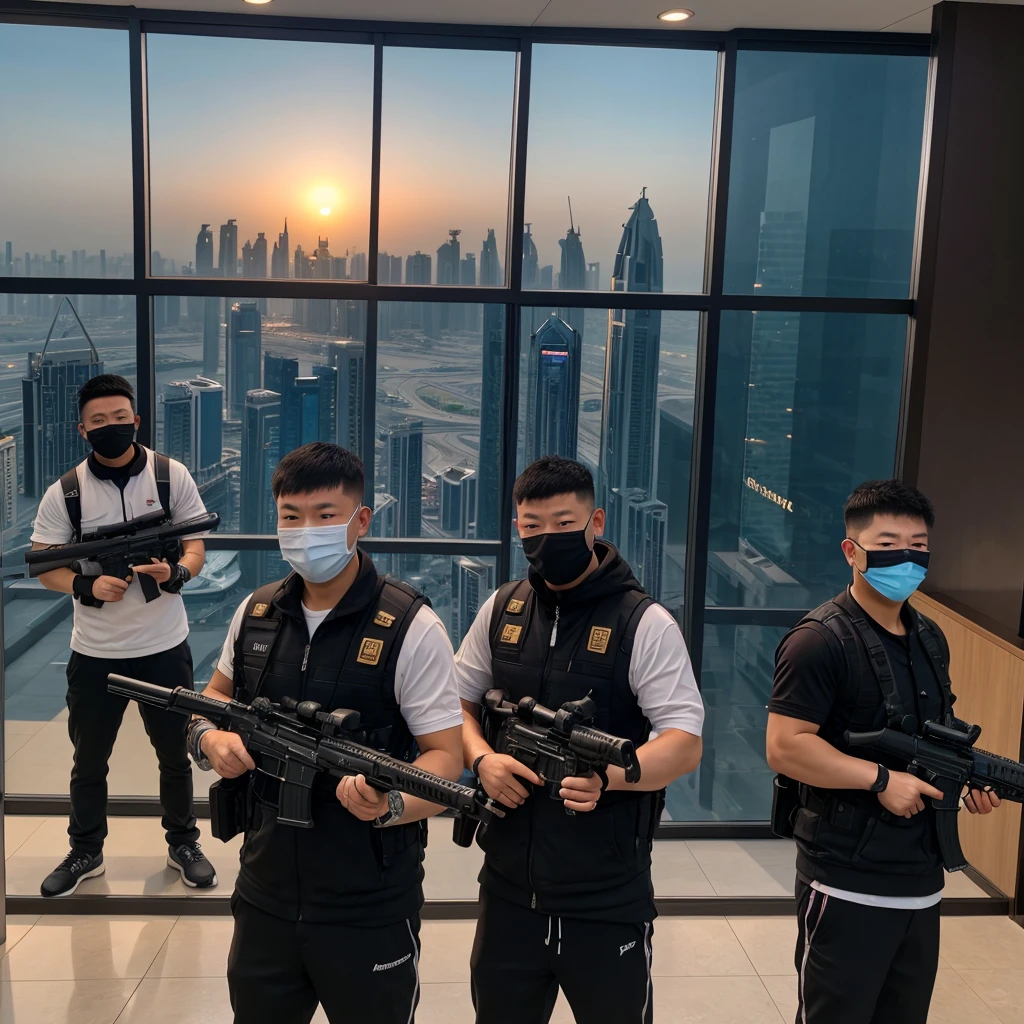 A realistic image of a 7 Chinese gang members with guns and wearing a ski mask pointing their guns at the bank teller in a bank at in dubai, high quality picture, ultra high quality picture, photorealistic, 4k, 8k, 16k, Volumetric Lighting, full picture, highly detailed lighting, de, beautiful skies, clear skies, sunset, clear face, high quality face, 4k face