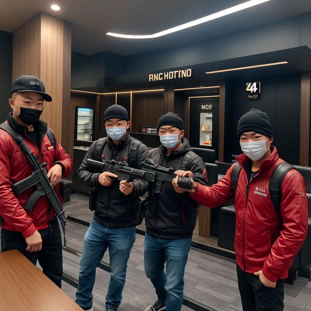 A realistic image of a 7 Chinese gang members with guns and wearing a ski mask pointing their guns at the bank teller in a bank at in dubai, high quality picture, ultra high quality picture, photorealistic, 4k, 8k, 16k, Volumetric Lighting, full picture, highly detailed lighting, de, beautiful skies, clear skies, sunset, clear face, high quality face, 4k face