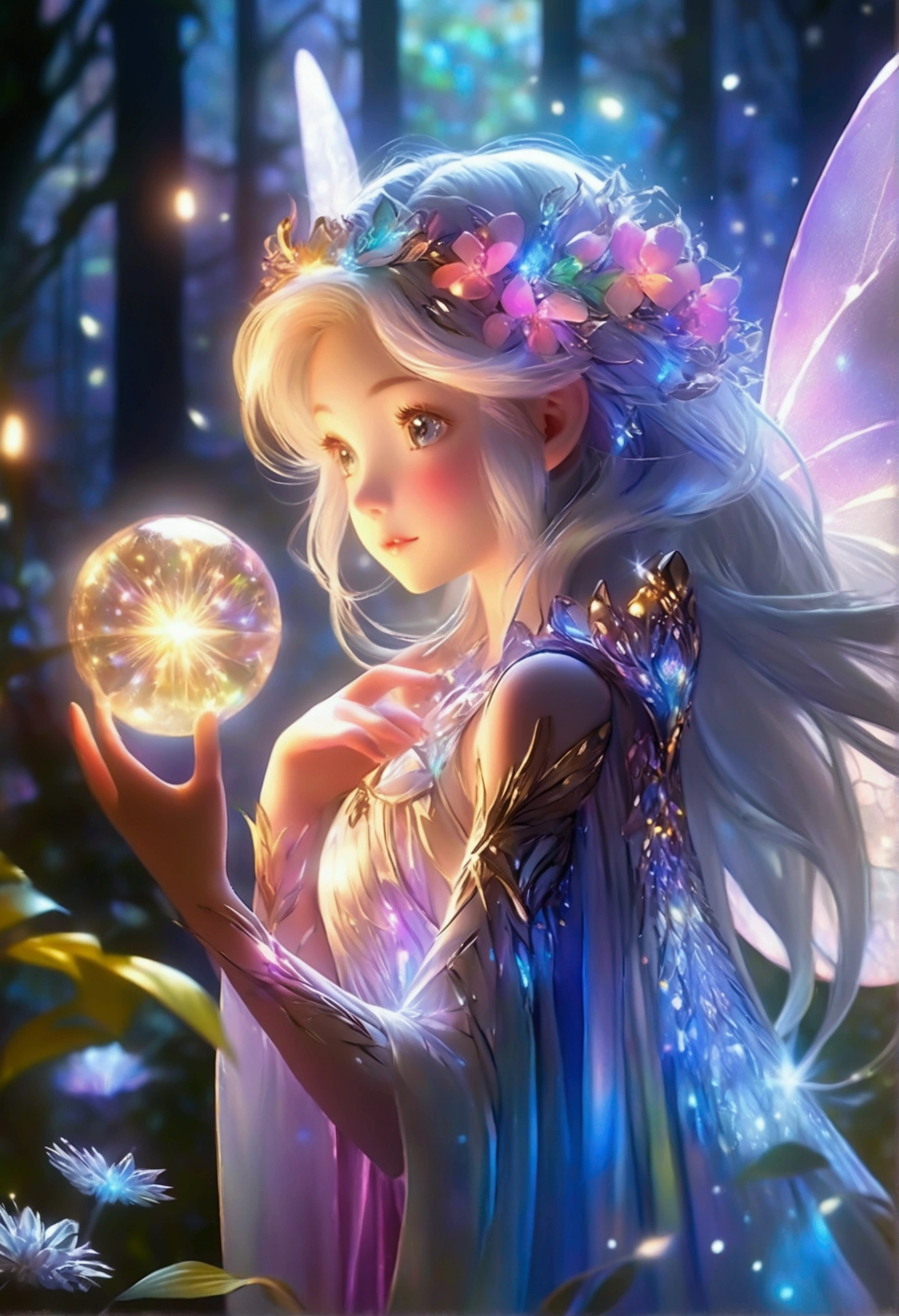 concept art ethereal fantasy concept art of anime artwork A fairy, Flowers, a fantasy-themed digital painting, enchanted forest at night, featuring ultra-highly detailed, photorealistic twinkling flowers with rainbow colors and ceramic textures, center-aligned and close-up, intricate pose with hyper-detailed clarity and sharp focus, extreme details, High quality, ArtStation, black to highlight the night setting, with light and sparkle effects to enhance the magical ambiance, high-quality studio photo, emphasizing intricate details and the ethereal beauty . anime style, key visual, vibrant, studio anime, highly detailed . magnificent, celestial, ethereal, painterly, epic, majestic, magical, fantasy art, cover art, dreamy . digital artwork, illustrative, painterly, matte painting, highly detailed