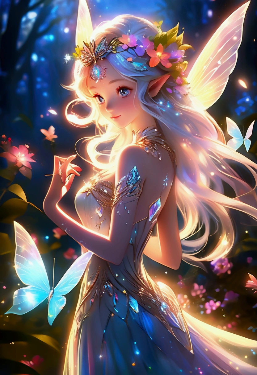 concept art ethereal fantasy concept art of anime artwork A fairy, Flowers, a fantasy-themed digital painting, enchanted forest at night, featuring ultra-highly detailed, photorealistic twinkling flowers with rainbow colors and ceramic textures, center-aligned and close-up, intricate pose with hyper-detailed clarity and sharp focus, extreme details, High quality, ArtStation, black to highlight the night setting, with light and sparkle effects to enhance the magical ambiance, high-quality studio photo, emphasizing intricate details and the ethereal beauty . anime style, key visual, vibrant, studio anime, highly detailed . magnificent, celestial, ethereal, painterly, epic, majestic, magical, fantasy art, cover art, dreamy . digital artwork, illustrative, painterly, matte painting, highly detailed