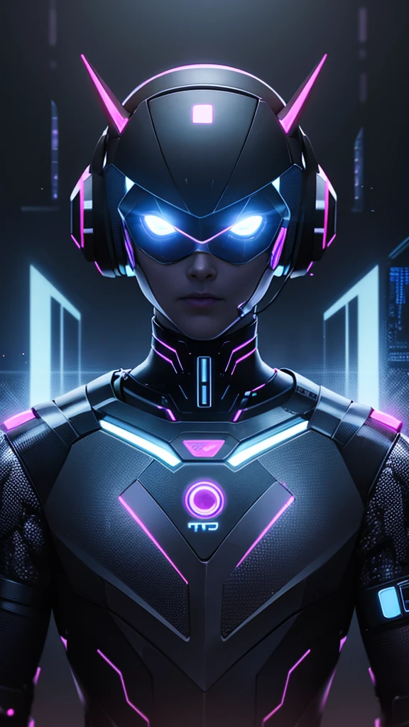 cyberpunk style, AI avatar, Cyberspace, wireframe, matrix, tron, Minimum, abstract, virtual reality, black background, neon lights, virtual interface, looking to the camera