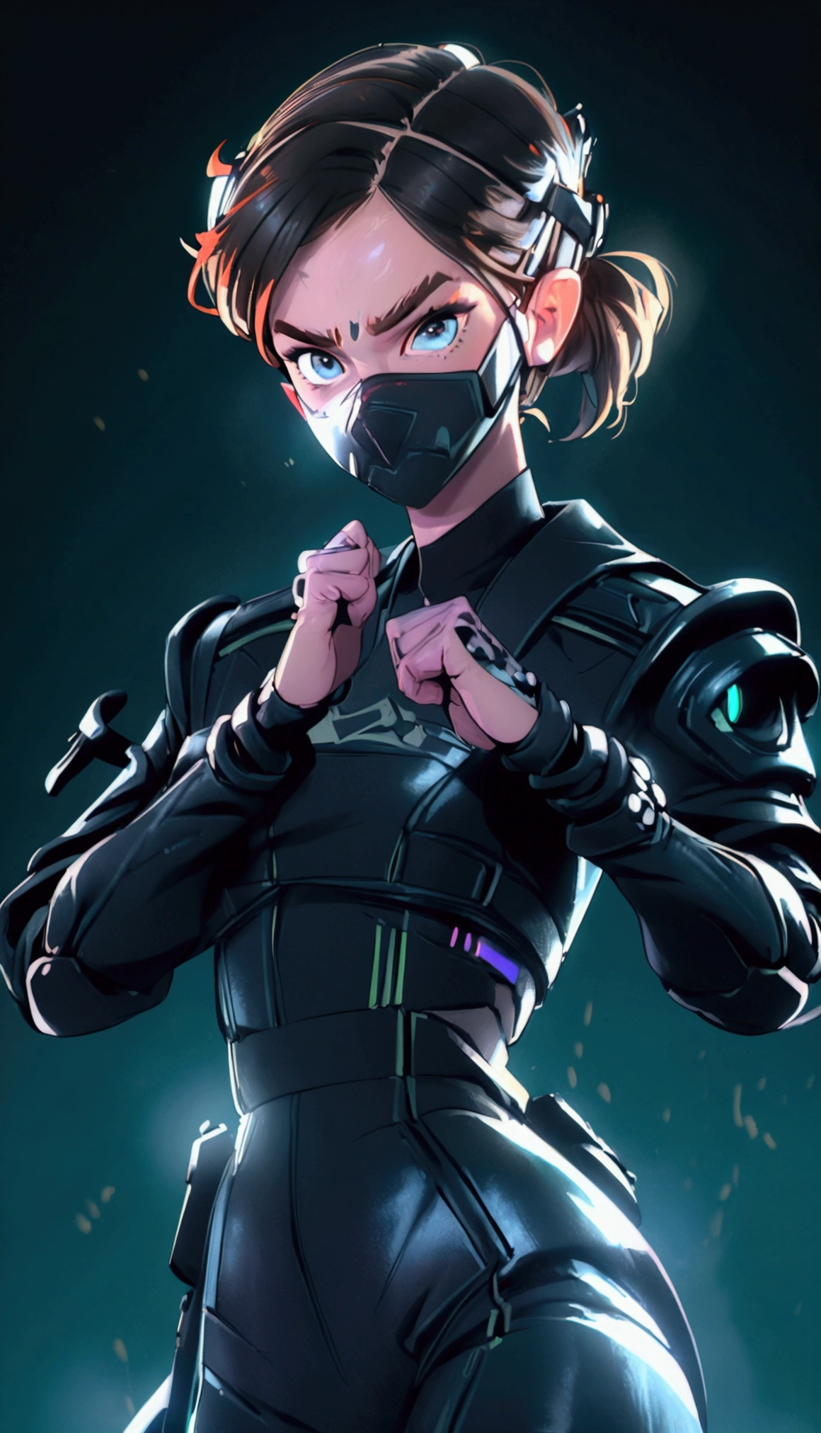 ((best quality)), ((premier travail)), (detailed: 1.4), ..3d, ((Emma Watson)) like a beautiful cyberpunk woman, (((tout le corps))), (Techpunk Mask:1.2), corps mince, kung-fu, black har, yeux noirs, transparent, corps brillant, cyborg ninja, ((pose d'action)), ::futuristic cyberpunk style, realistic style, hdr (Plage dynamique élevée), laser trace, nvidia RTX, Super-resolution, Unreal 5, sub-surface Scattering, Texture PBR, Post-traitement, Anisotropic Filtering, depth of field, maximum clarity and sharpness, Textures multicouches, Albedo and specular maps, ombrage de surface, Accurate simulation of'light-material interaction, Perfectly proportioned, rendu octan, Two-tone lighting, Large ouverture, Low ISO, balance des blancs, 8K ::n_style digital painting, deformed parts, distorted face, ((visage laid)), ((deformed hands)),