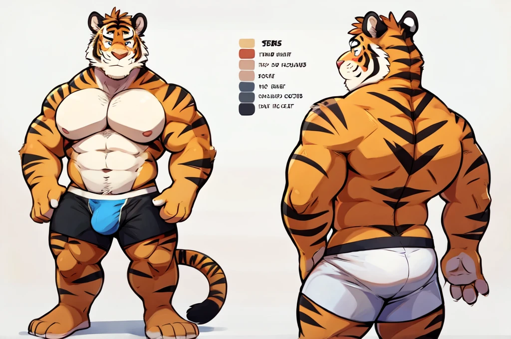 Tiger, By Haps, 1boy, abs, animal ears, bara, bulge, full body, white background, Seminude, Boxers, Character sheet Reference, Full body, backwards