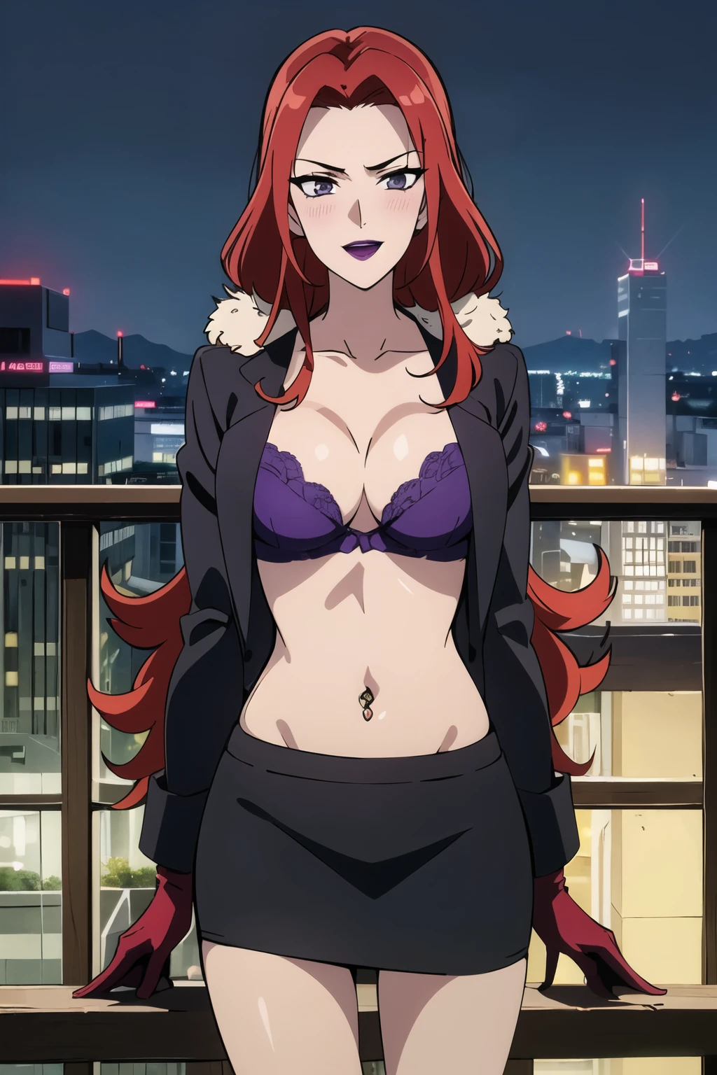 ((masterpiece,high quality,4k)),beutiful women,beautiful delicated eyelashes,red hair,(purple lips),wavy hair, blush, lipstick, Hot girl, baddie, staring, glaring, bad attitude, mean girl, dare, angry, hate, crazy, smoking, sensual, attractive, outdoors, rooftop, cityscape, building, railing, night, night sky, scenery, city lights, fur trim, mature female, gloves, fur-trimmed coat,masterpiece, best quality, highly detailed, a girls with a gun, open mouth, blazer, sexy gaze, (nsfw) not
safe for work, badass pose , evil smile, smile, black bra, anime girl with long hair, long haired girl,
navel, evil expression, exposed belly, exposed navel, exposed midriff, exposed lower belly, micro
miniskirt, micro pencil skirt, pencil skirt ,holding a gun,, navel piercing