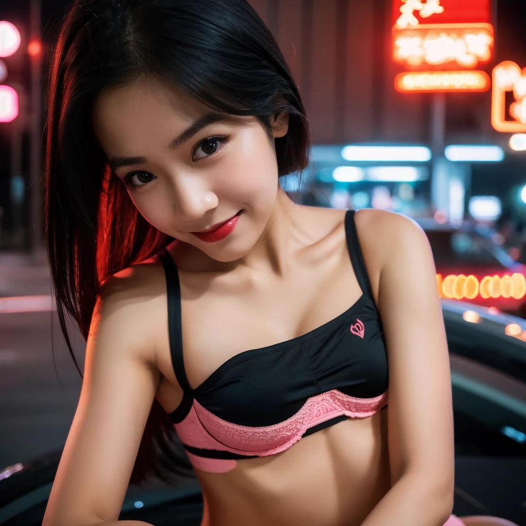 Aum Thaweeporn miss grand face focus, Portrait, glowing black eyes, Women's Style, one woman, asymmetrical smooth, smooth, black hair, goodid, good, staring at camera, smile, nighttime, city, bob, abdomen, red lips, shirt, alone, stand, goodid, upper body, underwear, pink underwear, perfect body lines, beautiful kubire, beautiful, mischievous face
