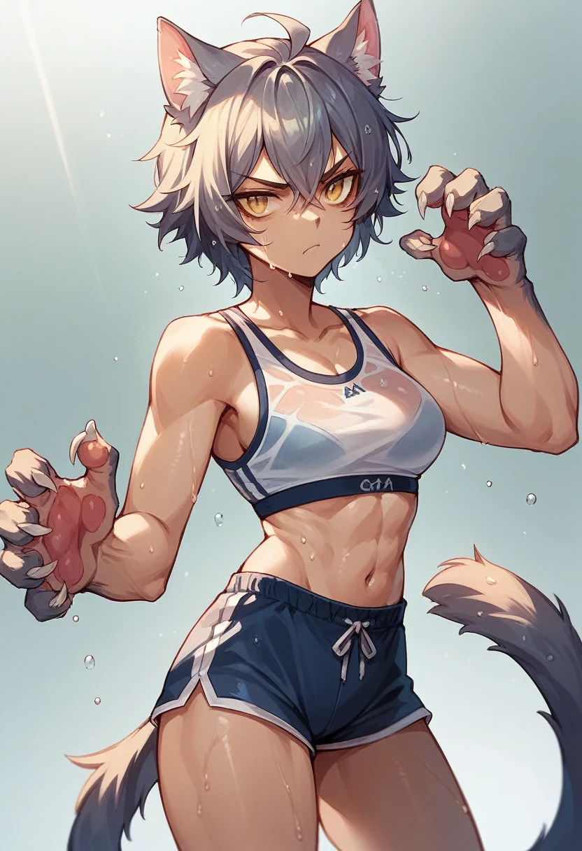 Kizi,Cat's ear,cat eye,claws in hands,hair blue,wearing wet gym bra,short shorts,serious look