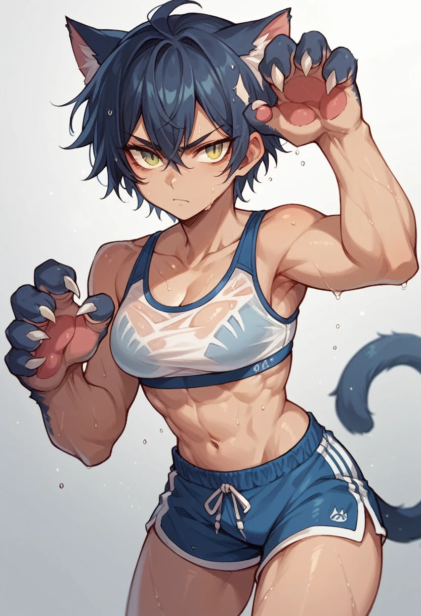 Kizi,Cat's ear,cat eye,claws in hands,hair blue,wearing gym bra,short shorts,serious look 