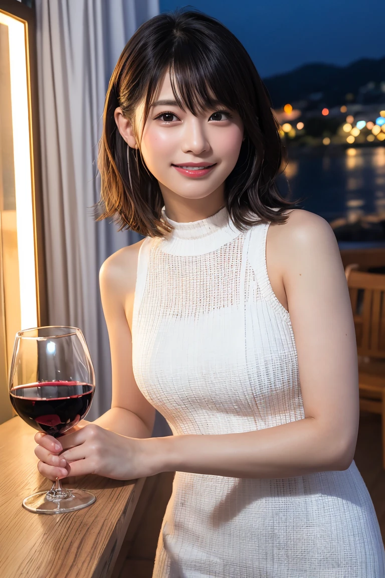 (hair, Ultra-high resolution, Highest quality, masterpiece: 1.2), (Realistic, photoRealistic: 1.37), Very detailed, 1 pretty woman, (slimな顔), (The body is slim), (Brown Hair), (Shortcuts), cheeks turn a little red, (Age 25), Age 25, alone, 窓の外の美しい詳細な都市のnight景, restaurant, wine glassが座る, nightに, NovaFrogStyle in a prominent place, actress, model, Upper Body, White wine, slim, wine glass, Super Clean night View, wine glass Put in the Middle, Happy smile, (smile: 1.15), Beautiful Eyes, Upper Body, Destroy Japan, night, short, short, actress, model, Upper Body, White wine, slim, wine glass, Super Clean night View, wine glass Put in the Middle, Happy smile,Sleeveless dress、Dress code、Chic dress、Dress color is random