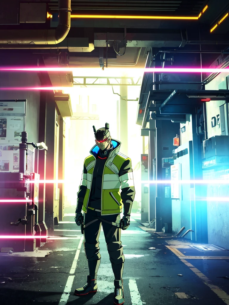 Male, fully cybernetic, full cyborg, military special forces cyborg, wearing tactical motorcycle jacket with LED collar, complete cybernetic body and fully cybernetic head, head covered by full-face visor, fully cybernetic form, robotic body, fully in frame, standing at attention, hands at sides, lone figure, sole person, Cyberpunk Edgerunners style