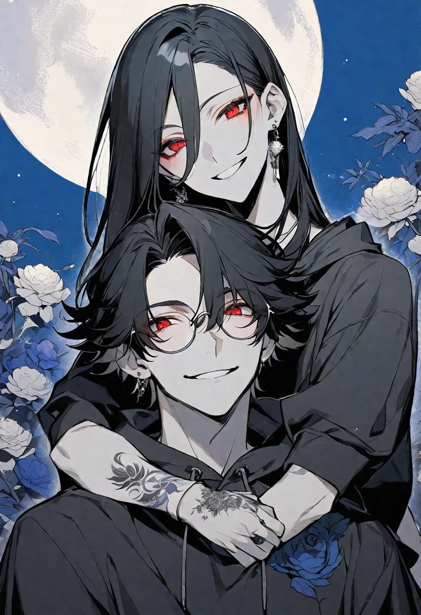 独奏, handsome, monotone,
1. male,
hime cut,Straight Hair,Bob Hair,
black hair,
Gojo Satoru ,
red Eyes,Soft look,beautiful,Darkness,Lots of silver earrings,blue rose tattoo,
black hoodie ,smile,skin, Round Glasses ,
simple background,
moon,star sky
