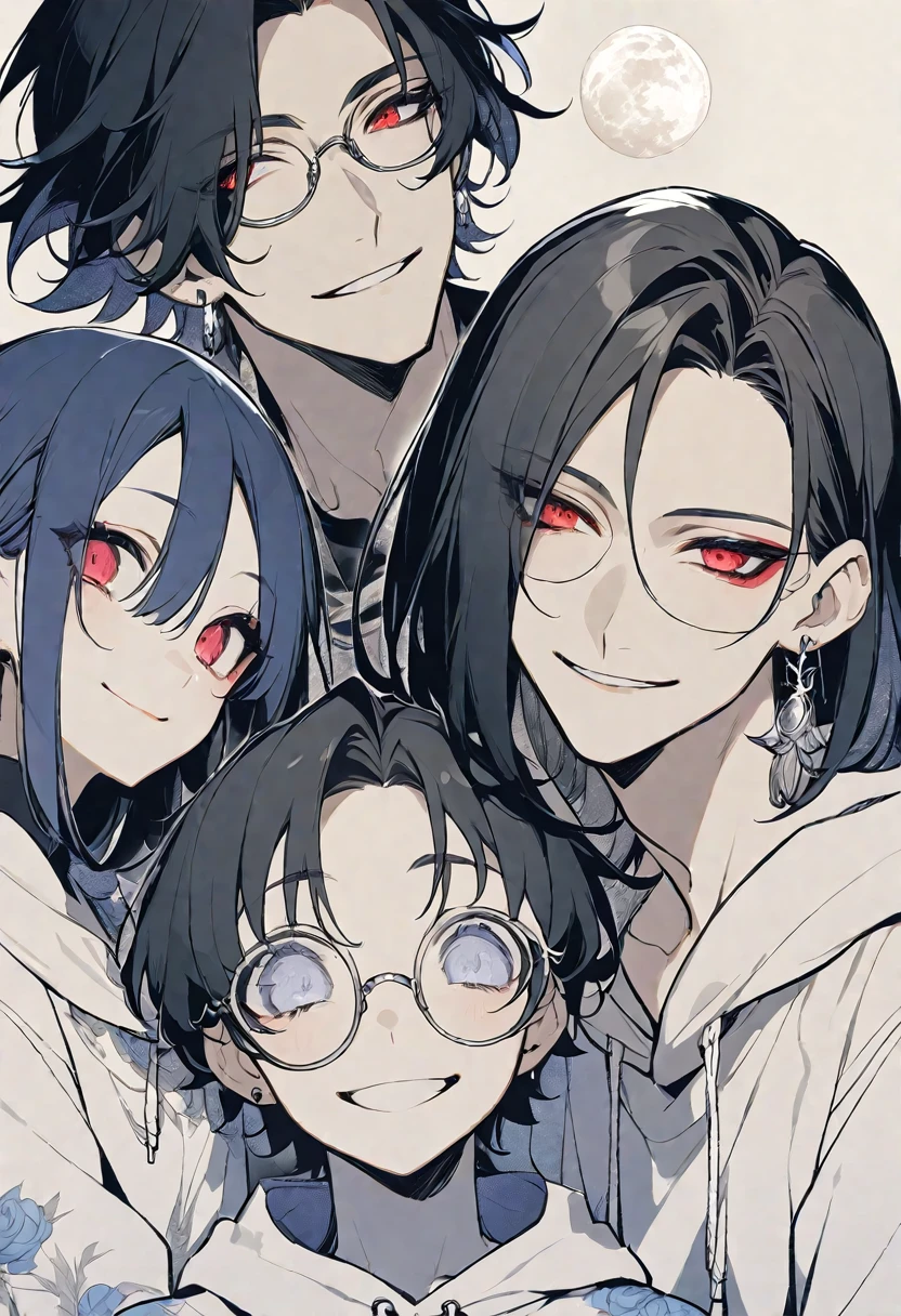 独奏, handsome, monotone,
1. male,
hime cut,Straight Hair,Bob Hair,
black hair,
Gojo Satoru ,
red Eyes,Soft look,beautiful,Darkness,Lots of silver earrings,blue rose tattoo,
black hoodie ,smile,skin, Round Glasses ,
simple background,
moon,star sky