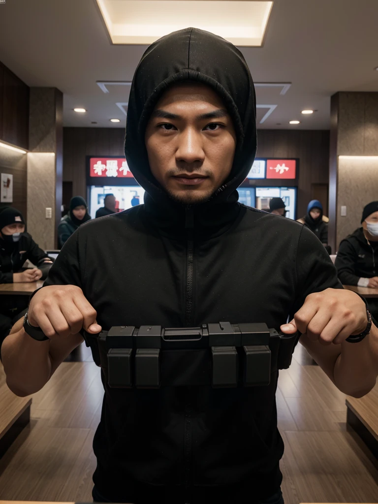A realistic image of a 7 Chinese gang members  with guns and wearing a ski mask pointing their guns at the bank teller in a bank at in dubai, high quality picture, ultra high quality picture, photorealistic, 4k, 8k, 16k, Volumetric Lighting, full picture, highly detailed lighting, de, beautiful skies, clear skies, sunset, clear face, high quality face, 4k face