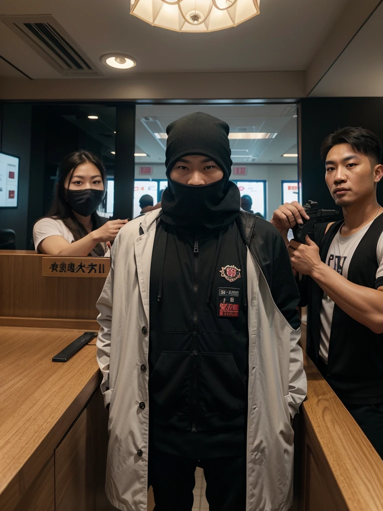 A realistic image of a 7 Chinese gang members  with guns and wearing a ski mask pointing their guns at the bank teller in a bank at in dubai, high quality picture, ultra high quality picture, photorealistic, 4k, 8k, 16k, Volumetric Lighting, full picture, highly detailed lighting, de, beautiful skies, clear skies, sunset, clear face, high quality face, 4k face