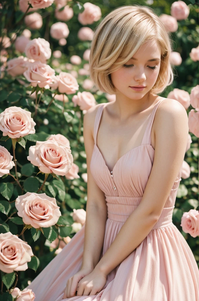 8k, photo and gross, fujifilm, Style photography of a beautiful young girl like Avril in a light pink rose garden. (very detailed skin: 1.2) Style-Petal BREAK short hair, blonde hair with colored highlights, wearing a dress, film grain, 35mm, beautiful style