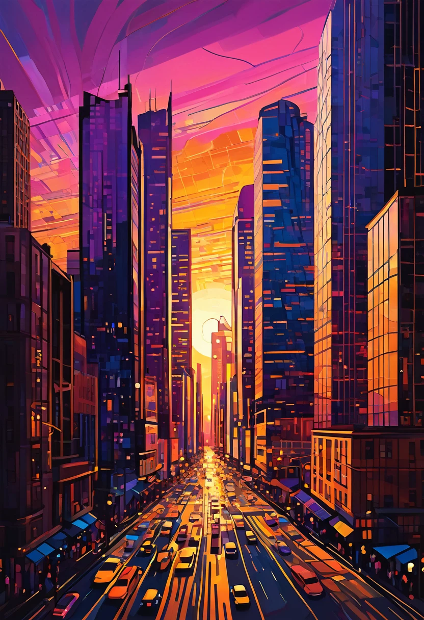 Vibrant cityscape in digital drawing mode, depicting a warm and serene sunset casting a golden glow on sleek skyscrapers and bustling streets, with bold lines and expressive brushstrokes evoking a sense of dynamic energy, set against a kaleidoscope of colors - burnt oranges, blushing pinks, and radiant yellows, with touches of deep blues and purples in the shadows, infused with a cinematic quality, as if the city is alive and pulsing with the rhythm of the fading light, mesmerizing and full of movement.