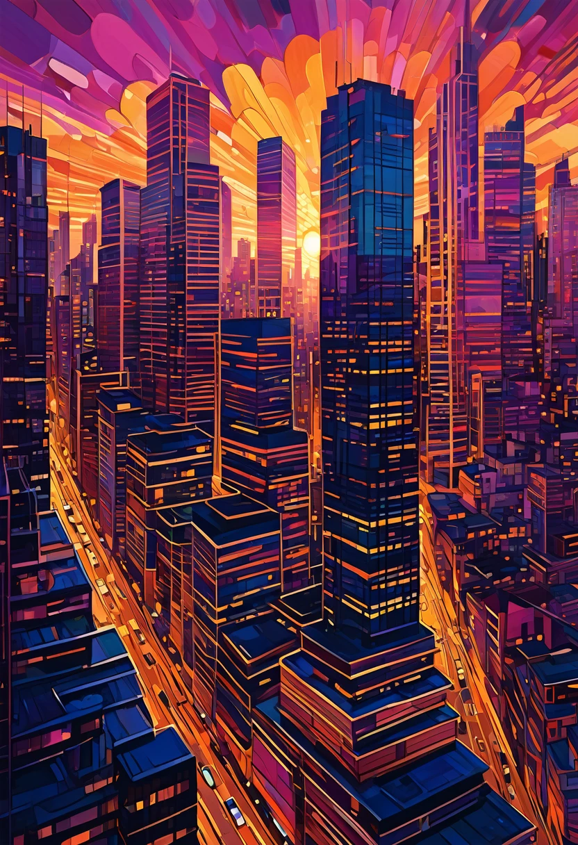 Vibrant cityscape in digital drawing mode, depicting a warm and serene sunset casting a golden glow on sleek skyscrapers and bustling streets, with bold lines and expressive brushstrokes evoking a sense of dynamic energy, set against a kaleidoscope of colors - burnt oranges, blushing pinks, and radiant yellows, with touches of deep blues and purples in the shadows, infused with a cinematic quality, as if the city is alive and pulsing with the rhythm of the fading light, mesmerizing and full of movement.