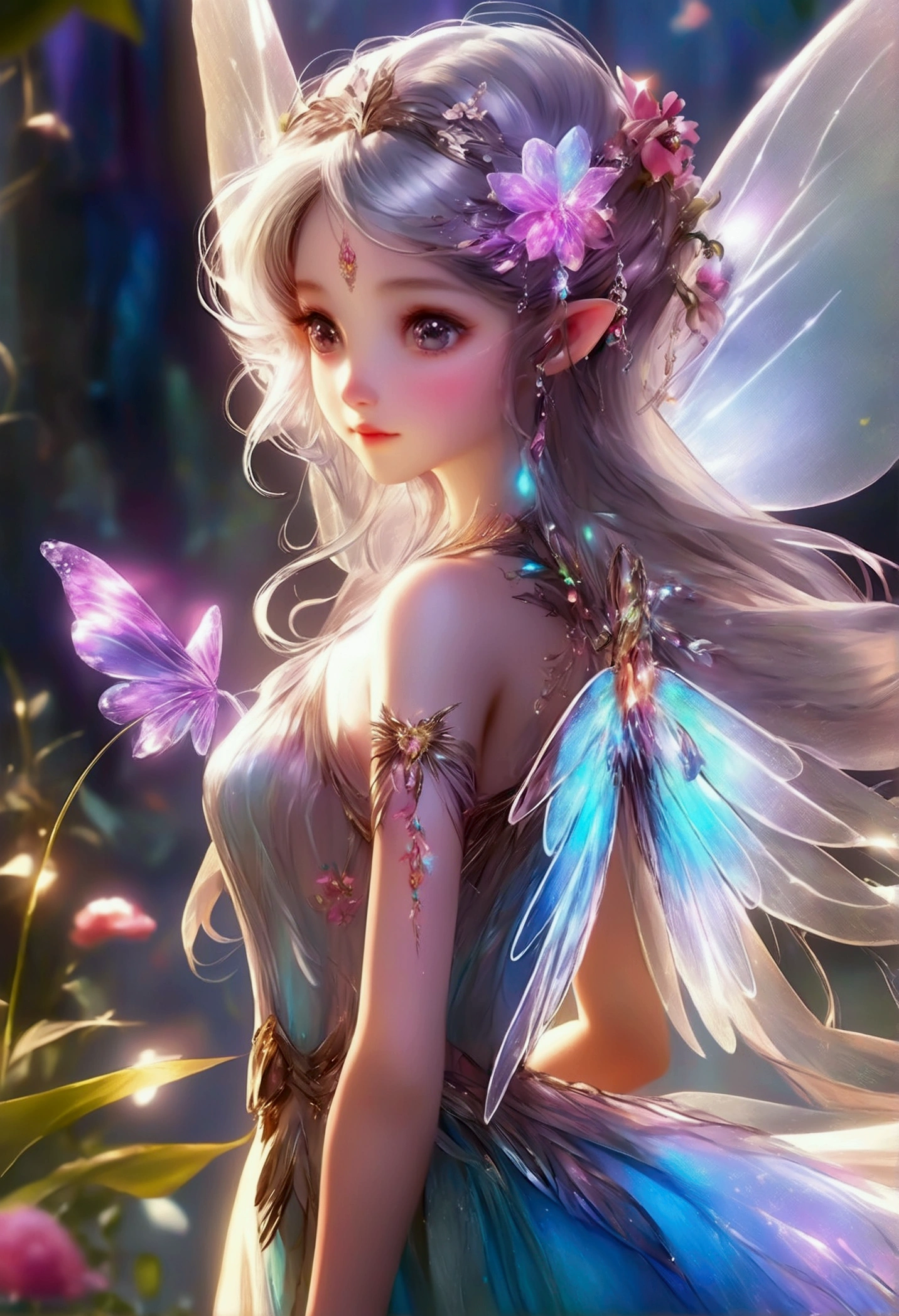 Flower fairy, Transparent colorful wings, Magic wand,China-style,8K,Light mature style,The eyes are melancholy,anatomy correct,Tears in the eyes,Feminine background