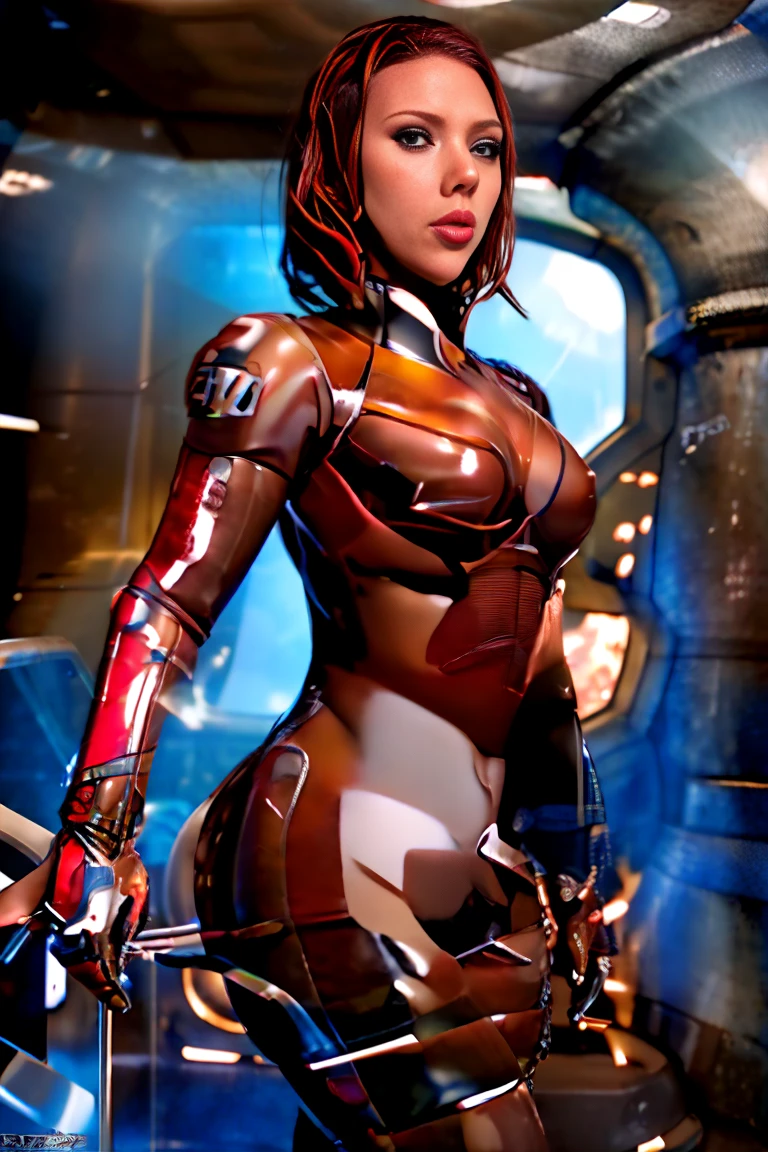 ((best quality)), ((masterpiece)), ((Scarlett Johansson)) (detailed), perfect face, playful 20 year old woman, Sensual pose. Inside a spaceship, wearing highly detailed futuristic skimpy mass effect armor, grandes senos, cintura pequeña, grandes caderas, desnuda.