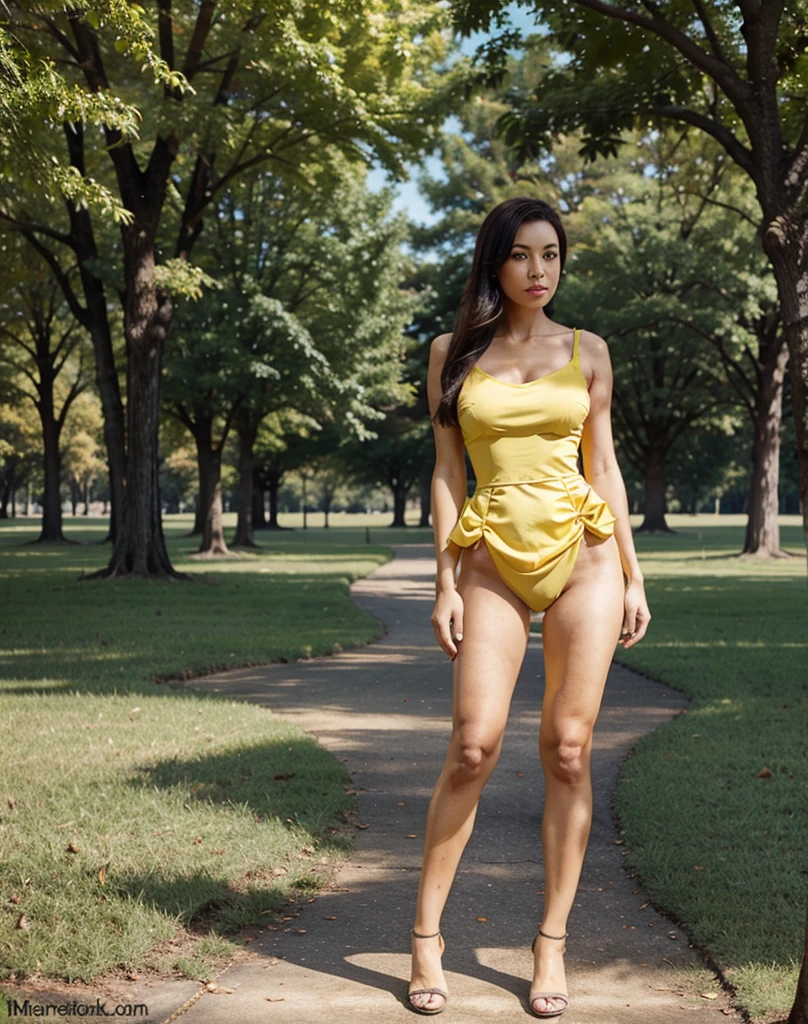 A yellow fox with a good waist in a park