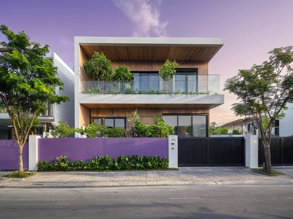 modern purple townhouse on street, (sunset), tropical tree, purple vivid colour, streetcapes, purple tone, white wall, large glass door, (warm interior lighting:1.2), wood and marble, best quality, 18ArchiAI_VL-v1