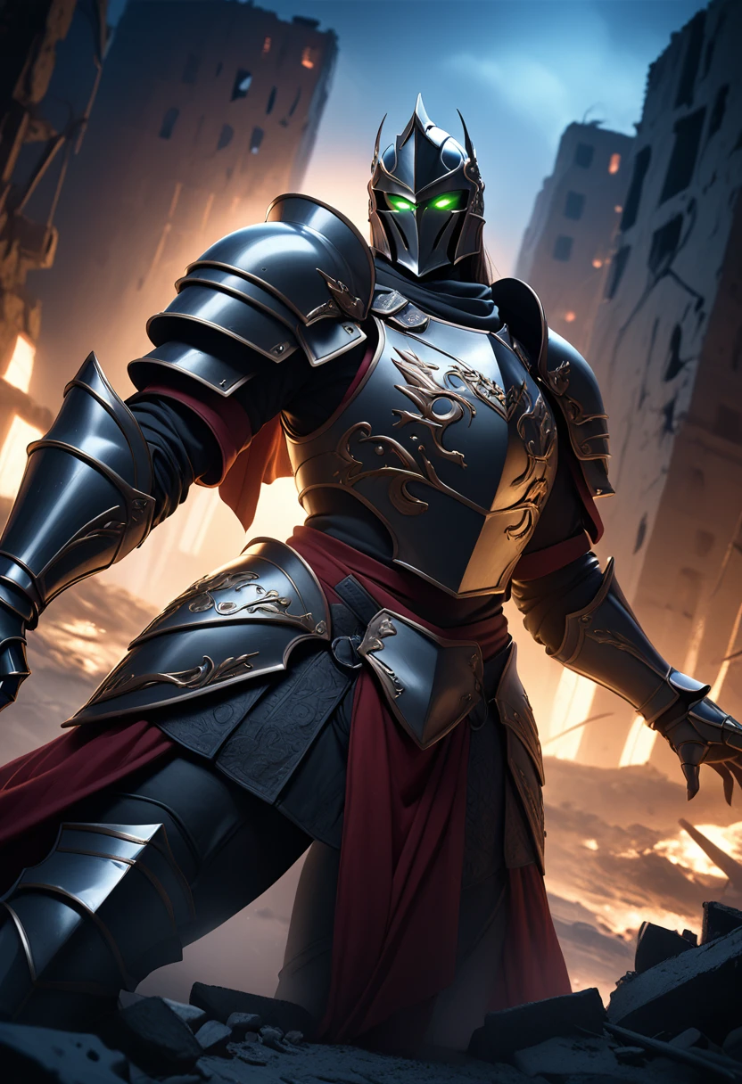 (masterpiece, top quality, best quality, beautiful and aesthetic:1.2), full body, SFW, extremely detailed, detailed eyes, detailed hands, cinematic light, depth of field, 1girl, seducing smile, solo, official, (armored knight:1.4), dark armor, rin tohsaka, slim body, cinematic lighting, dramatic lighting, dramatic atmosphere, hyper-realistic, high resolution, stunning contrast, high quality, best quality, 8k, 4k, intricately detailed, (amazing details:1.2), highly detailed skin, powerful presence, vibrant colors, (detailed eyes:1.2), striking eyes, (detailed background), (warzone on background, night, ruins), (dynamic angle:1.2), (dynamic pose:1.2)
