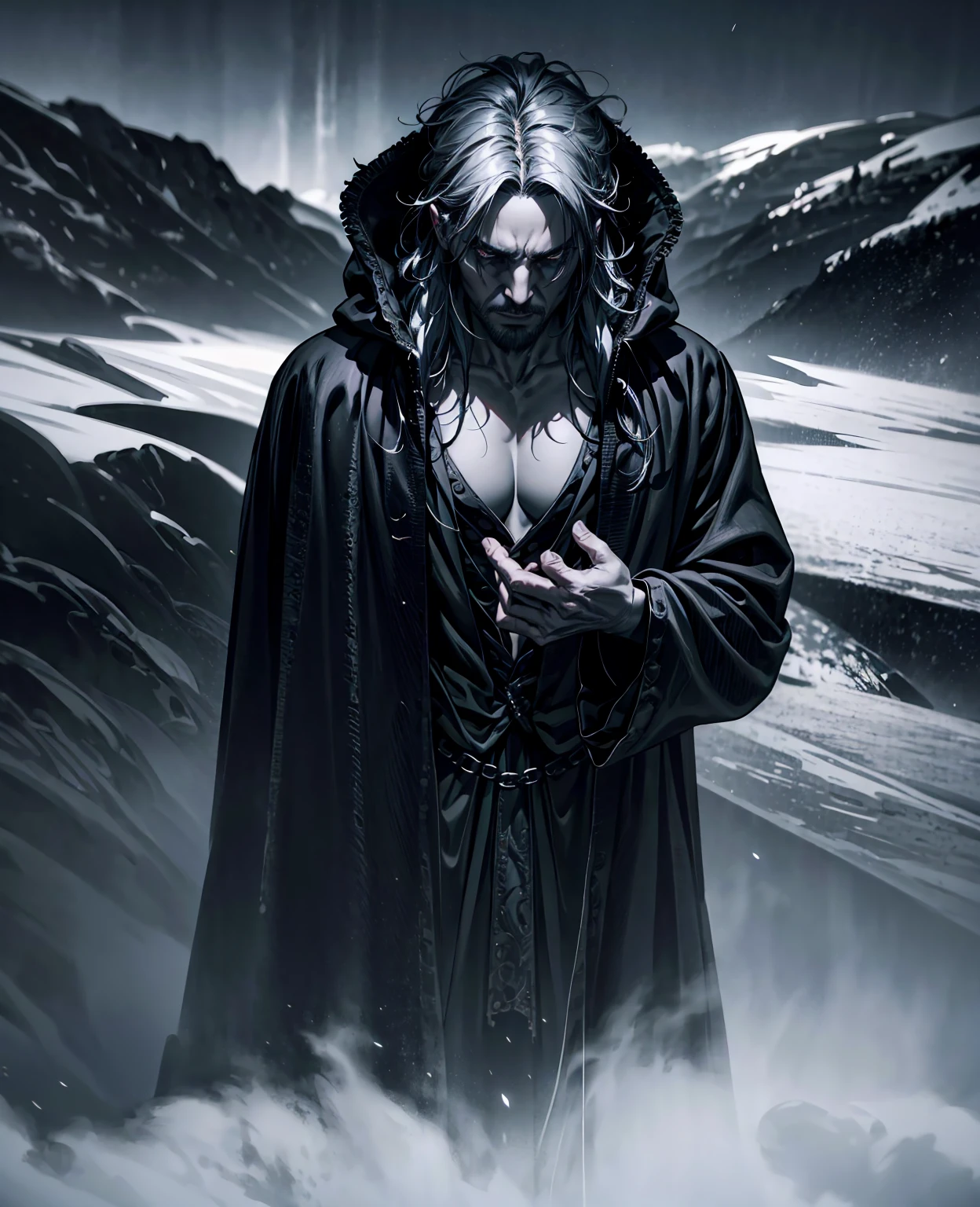 dark robe, man, dark fantasy, moody lighting, dramatic scene, intricate details, chiaroscuro, ominous atmosphere, brooding expression, haunting, (best quality,4k,8k,highres,masterpiece:1.2),ultra-detailed,(realistic,photorealistic,photo-realistic:1.37),dramatic lighting,cinematic,dark tones,dramatic shadows,gothic,eerie,mysterious,melancholic