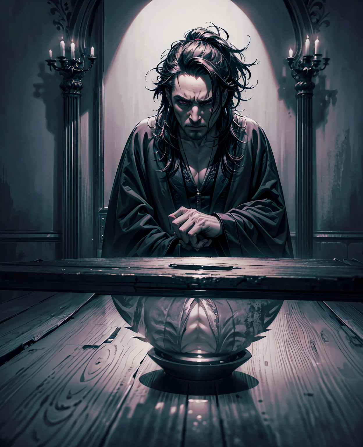 dark robe, man, dark fantasy, moody lighting, dramatic scene, intricate details, chiaroscuro, ominous atmosphere, brooding expression, haunting, (best quality,4k,8k,highres,masterpiece:1.2),ultra-detailed,(realistic,photorealistic,photo-realistic:1.37),dramatic lighting,cinematic,dark tones,dramatic shadows,gothic,eerie,mysterious,melancholic