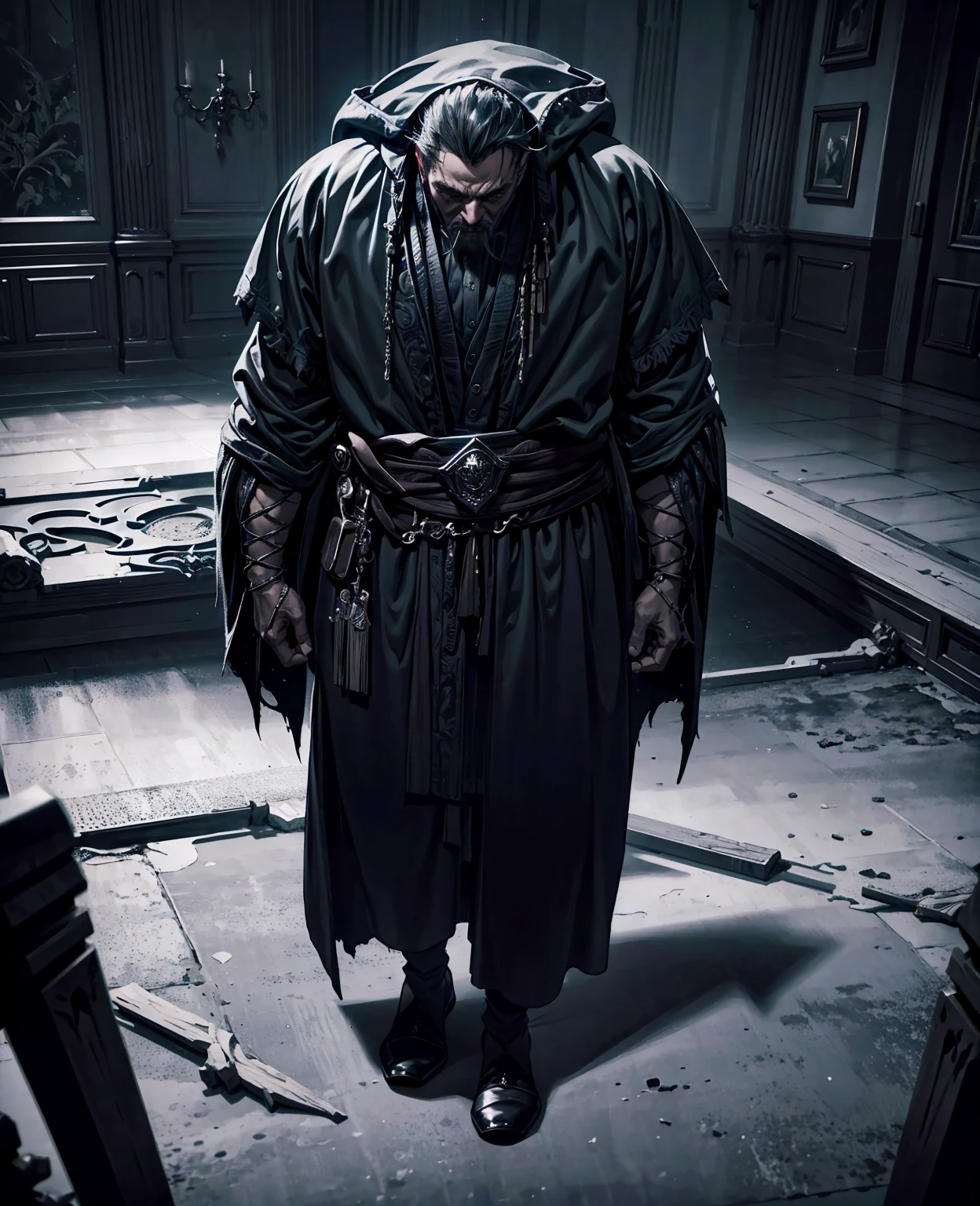 dark robe, man, dark fantasy, moody lighting, dramatic scene, intricate details, chiaroscuro, ominous atmosphere, brooding expression, haunting, (best quality,4k,8k,highres,masterpiece:1.2),ultra-detailed,(realistic,photorealistic,photo-realistic:1.37),dramatic lighting,cinematic,dark tones,dramatic shadows,gothic,eerie,mysterious,melancholic