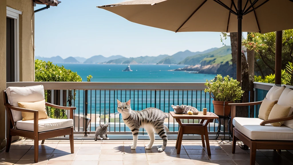 coastal、Woman spending time with cat on terrace、A pleasant breeze blows、chairs and tables、Daytime、