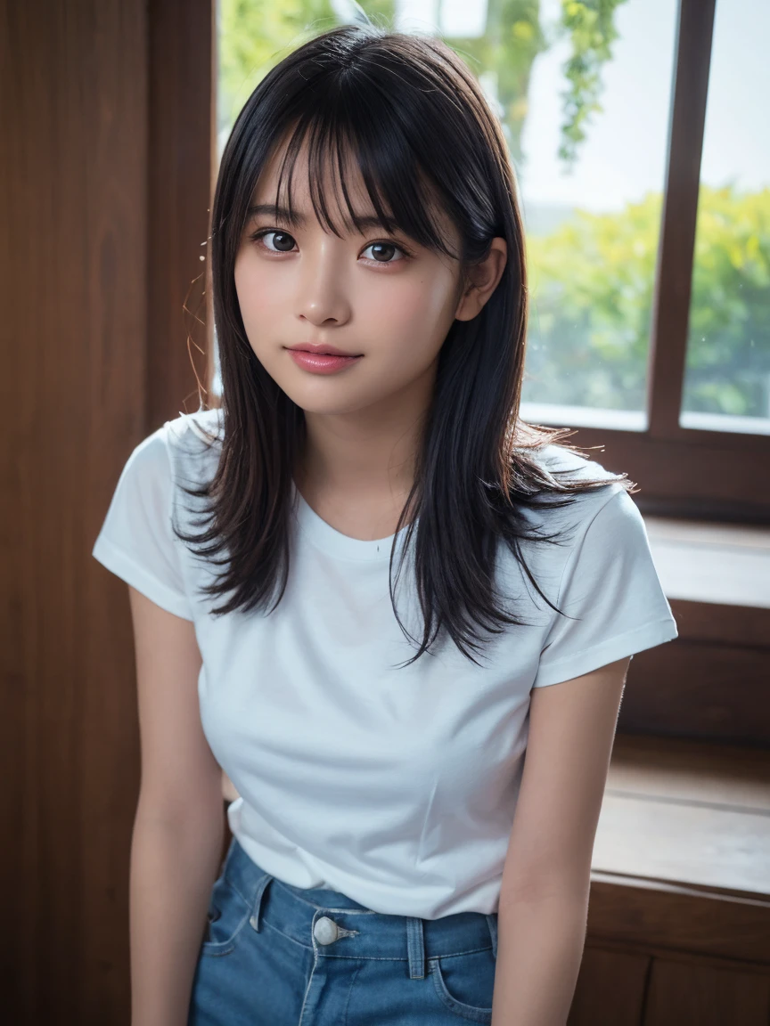 Highest quality, masterpiece, Ultra-high resolution, (Realistic:1.3), RAW Photos, (One Girl), (Upper Body), (18-year-old), (smile:0.9), (Shiny skin), (Medium Hair, Dark brown hair), (White T-shirt), (Casual shorts), (Ultra detailed face), (Highly detailed eyes), (Highly detailed nose), (Highly detailed mouth), (Very skilled hands), (Super-detailed body), Sony a7, 85mm lens, f9.0