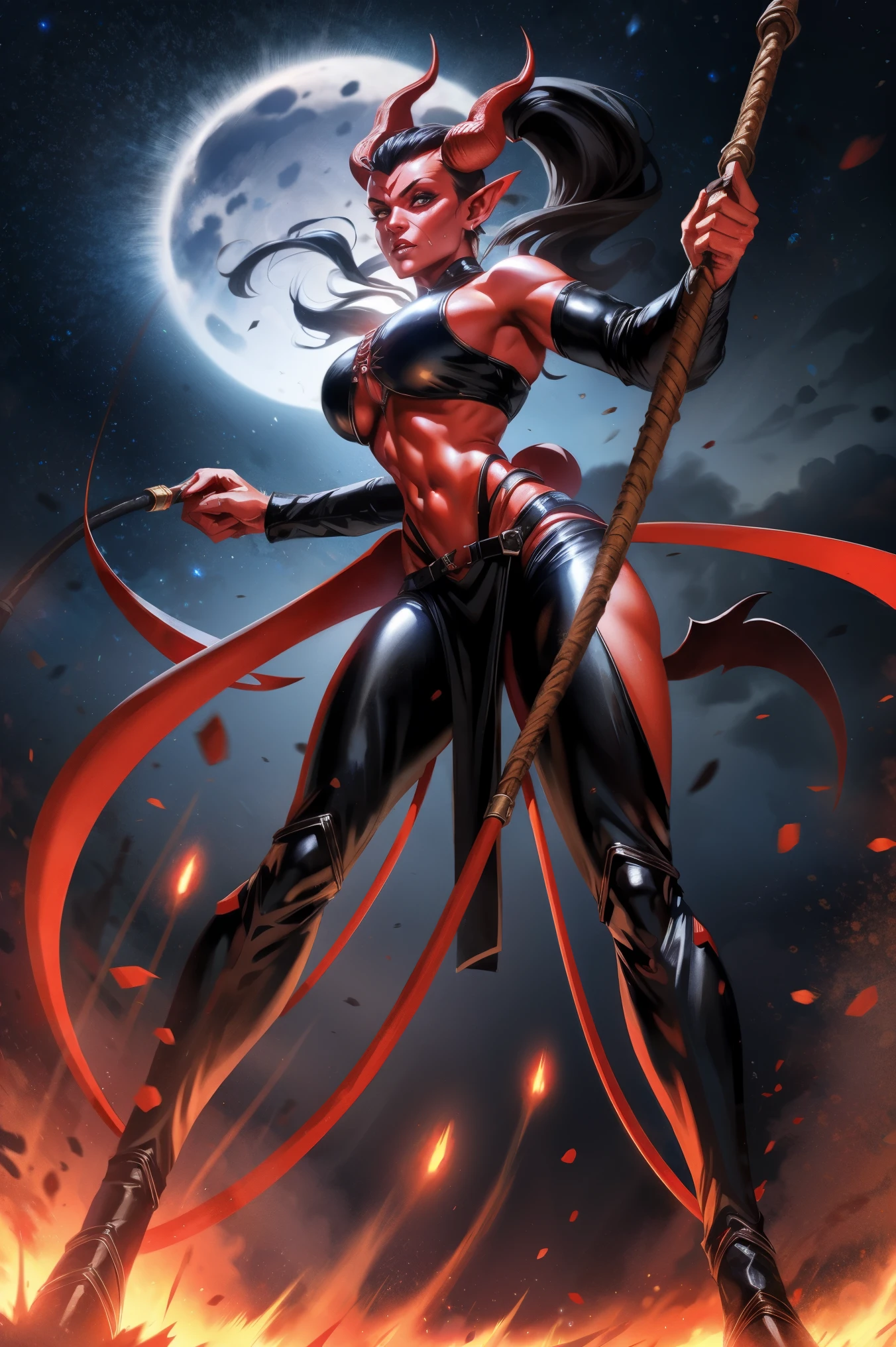 Red skin succubus tiefling, digitigrade legs, medium breasts, black horns, wings, huge tail, black leather, crop top, long flowing pelvic curtain, tall, toned, graceful, thin, long black ponytail. Action scene, whip. Dark scene, explosions, night sky.