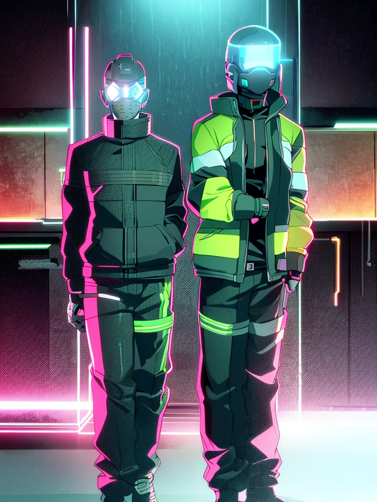 Male, fully cybernetic, full cyborg, military special forces cyborg, wearing tactical dark green jacket with LED collar, complete cybernetic body and fully cybernetic head, head covered by full-face visor, fully cybernetic form, robotic body, fully in frame, standing at attention, hands at sides, lone figure, sole person, Cyberpunk Edgerunners style