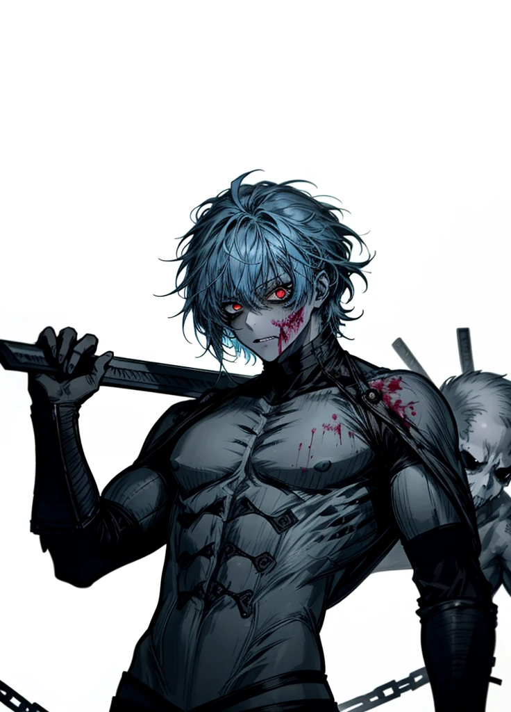 1boy , grey skin, zombie warrior, blue hair, red eyes ,beautiful clothes, (high resolution, high detail, best quality), morningstar