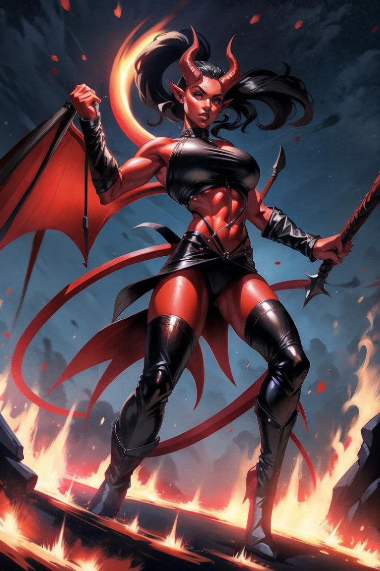 Red skin succubus tiefling, digitigrade legs, medium breasts, black horns, wings, huge tail, black leather, crop top, long flowing pelvic curtain, tall, toned, graceful, thin, long black ponytail. Action scene, whip. Dark scene, explosions, night sky.