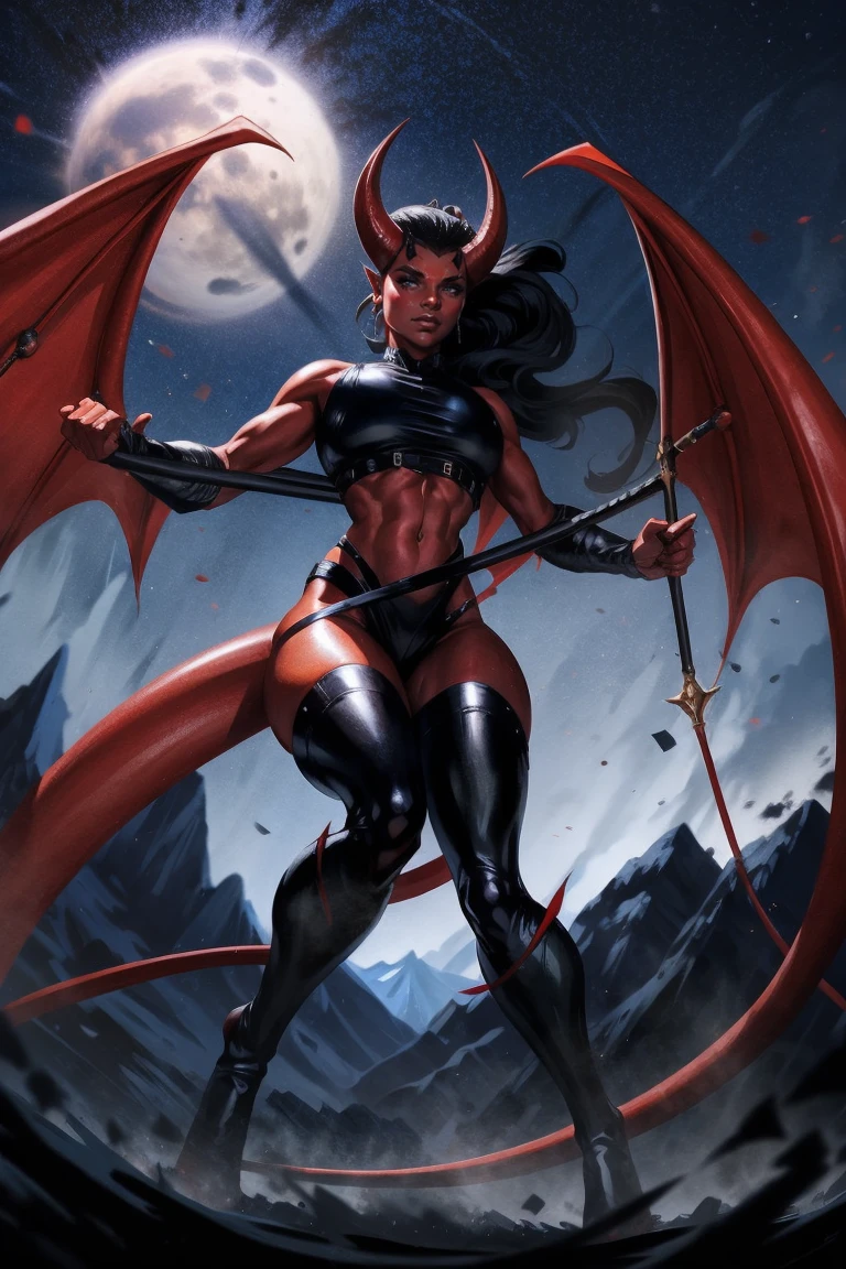 Red skin succubus tiefling, digitigrade legs, medium breasts, black horns, wings, huge tail, black leather, crop top, long flowing pelvic curtain, tall, toned, graceful, thin, long black ponytail. Action scene, whip. Dark scene, explosions, night sky.