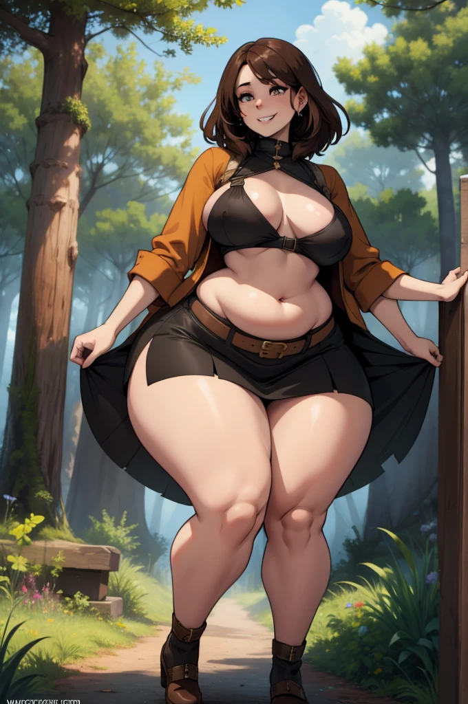 1woman, chubby, wide hips, long brown hair, wearing a fantasy tunic and a mini skirt, standing in the forest, from the front, teasing, small breasts, bottom heavy, adult. big smile, teasing, mature, overweight, chubby belly.