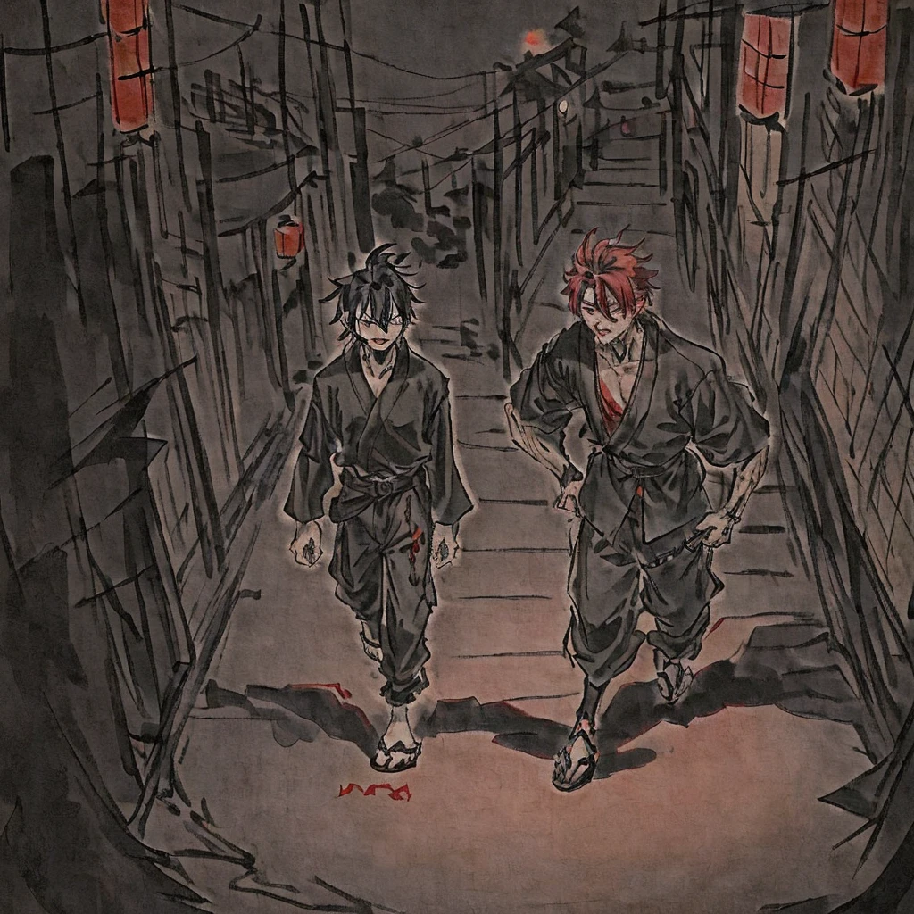 Furry boy with velvet red short hair, he's half lycaon and half human, wear black loosed shirt and black baggy pants, he's walking around the dark streets of Japan in middle of the night. {Good anatomy, Interesting pose, beautiful colors, good quality, anime style}