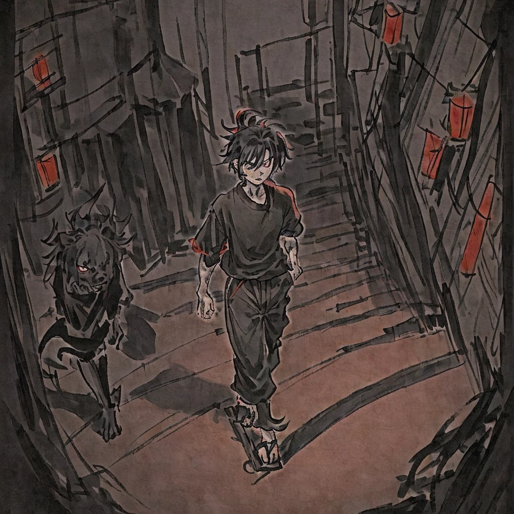 Furry boy with velvet red short hair, he's half lycaon and half human, wear black loosed shirt and black baggy pants, he's walking around the dark streets of Japan in middle of the night. {Good anatomy, Interesting pose, beautiful colors, good quality, anime style}