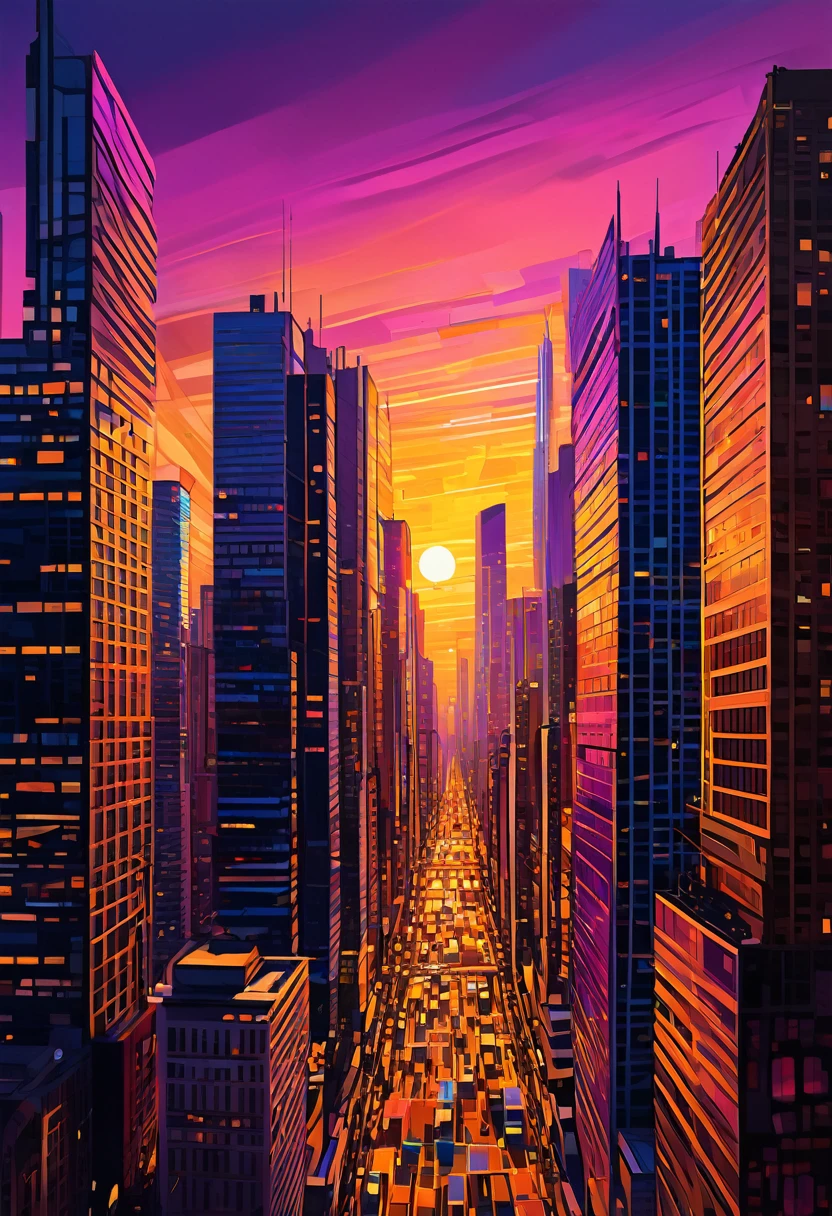 Vibrant cityscape in digital drawing mode, depicting a warm and serene sunset casting a golden glow on sleek skyscrapers and bustling streets, with bold lines and expressive brushstrokes evoking a sense of dynamic energy, set against a kaleidoscope of colors - burnt oranges, blushing pinks, and radiant yellows, with touches of deep blues and purples in the shadows, infused with a cinematic quality, as if the city is alive and pulsing with the rhythm of the fading light, mesmerizing and full of movement.