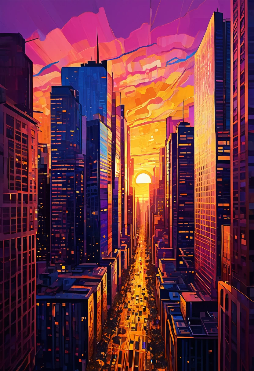 Vibrant cityscape in digital drawing mode, depicting a warm and serene sunset casting a golden glow on sleek skyscrapers and bustling streets, with bold lines and expressive brushstrokes evoking a sense of dynamic energy, set against a kaleidoscope of colors - burnt oranges, blushing pinks, and radiant yellows, with touches of deep blues and purples in the shadows, infused with a cinematic quality, as if the city is alive and pulsing with the rhythm of the fading light, mesmerizing and full of movement.
