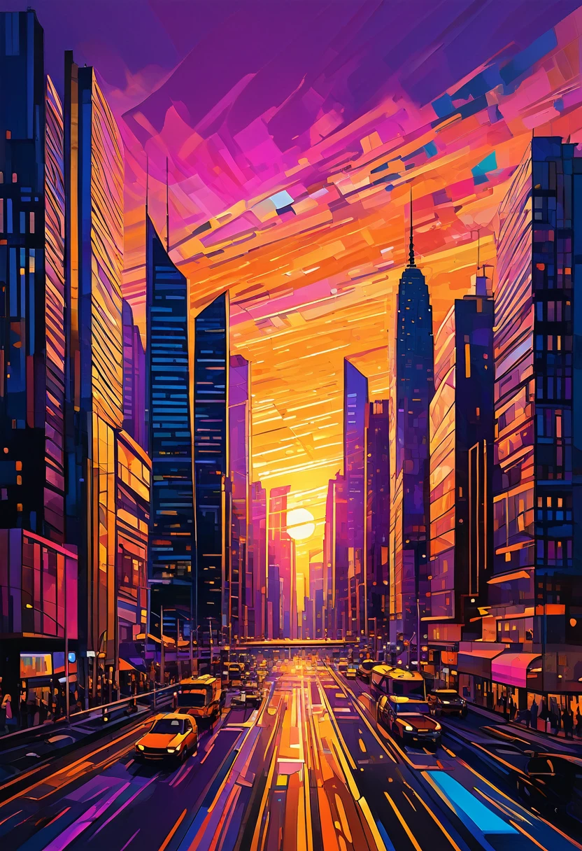 Vibrant cityscape in digital drawing mode, depicting a warm and serene sunset casting a golden glow on sleek skyscrapers and bustling streets, with bold lines and expressive brushstrokes evoking a sense of dynamic energy, set against a kaleidoscope of colors - burnt oranges, blushing pinks, and radiant yellows, with touches of deep blues and purples in the shadows, infused with a cinematic quality, as if the city is alive and pulsing with the rhythm of the fading light, mesmerizing and full of movement.