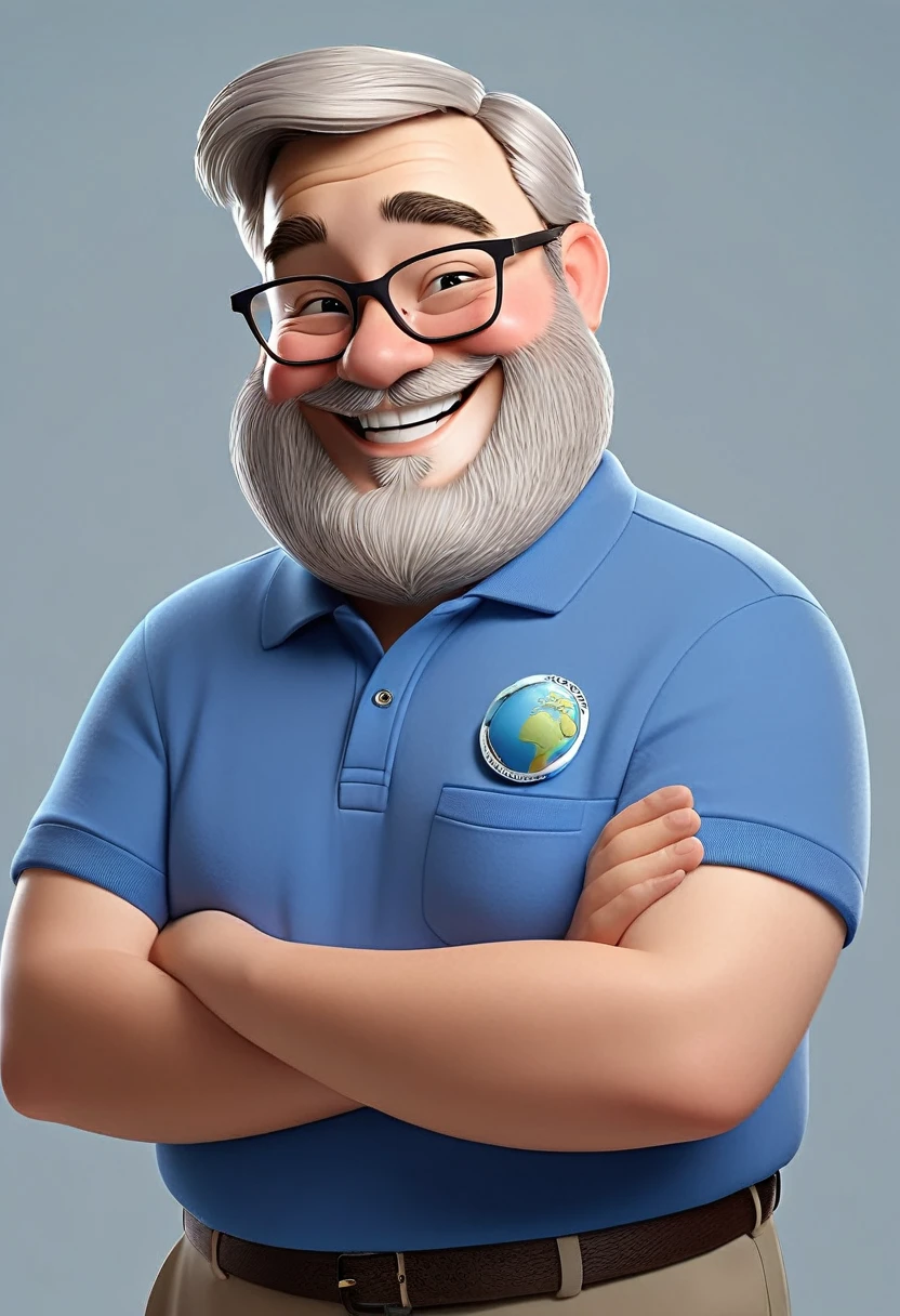 The image depicts a chubby Caucasian man making a positive gesture with a broad smile on his face. He wears glasses, has a gray beard and sparse, thinning hair. He is dressed in a blue polo shirt that features a globe-like logo and badge, suggesting affiliation or association with an organization. The background is simple and does not provide any additional context about the setting.