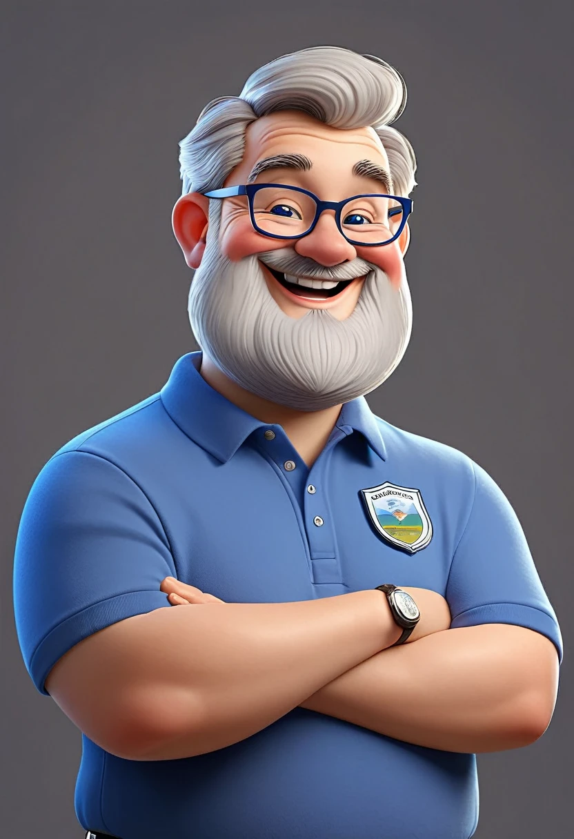 The image depicts a chubby Caucasian man making a positive gesture with a broad smile on his face. He wears glasses, has a gray beard and sparse, thinning hair. He is dressed in a blue polo shirt that features a globe-like logo and badge, suggesting affiliation or association with an organization. The background is simple and does not provide any additional context about the setting.