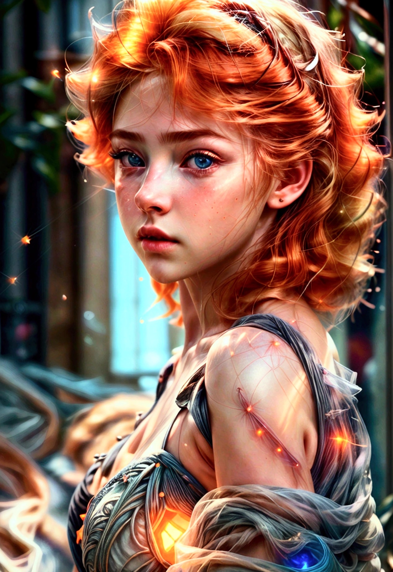 (girl of light_transparent luminous body), (gem_particle, outline: 1.2), light_line, light, light particle, (girl made of lines of light: 1.3, wearing lines of light), density of lines, (flaming orange blonde hair_messy thick waves, line of light), (best quality,4k,8k,highres,masterpiece:1.2),ultra-detailed,(realistic,photorealistic,photo-realistic:1.37),HDR,UHD,studio lighting,ultra-fine painting,sharp focus,physically-based rendering,extreme detail description,professional,vivid colors,bokeh,conceptart