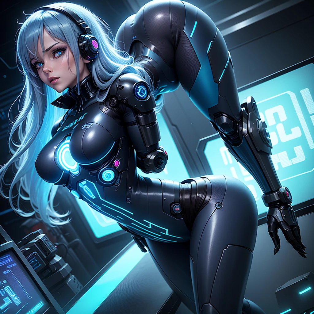 Girl in a doggy style pose shows her ass Android girl with long blue hair in a blue suit with small blue elements woman sexy hips half cyborg modification Beautiful sexy, Demon, Anime Style background Cyberpunk metropolis glass showcase neon lights style, Robot Girl, gloomy image background with white glow lines night black city and neon lights of dark blue color