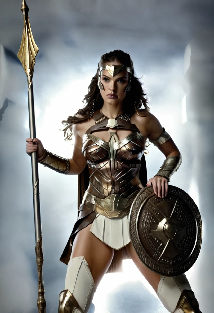 (((full body photo))) sexy Greek warrior female superhero who is a demigoddess , blue eyes and long dark brown hair . She wears a white and gold outfit , she has bracelets that are gold, and has long white boots with a golden outline . she holds a long spear and a shield, she also wears a golden stash around her waist)