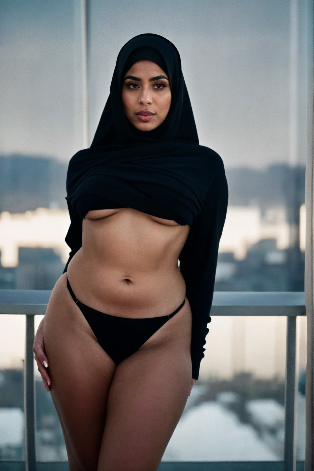 RAW photo,dark,moody,hazy atmosphere,35mm focal lenght,underexposed,cold,candid photograph,artistic,full body,photo of a beautiful,influencer,30yo Arab woman,hijab,detailed skin,fully naked,looking at viewer, thick body structure,solid pastel background,no background, candid pose,dim room,blue light, film grain, kodak color, instagram LUT