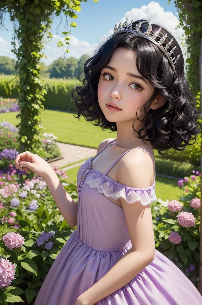 Make a Pixar-style character. A girl with black curly hair, wearing a beautiful lilac dress and a crown, looking at the sky in a garden. I imagine the sun&#39;s rays filtering through the leaves of the trees, creating a magical environment. 🌸✨