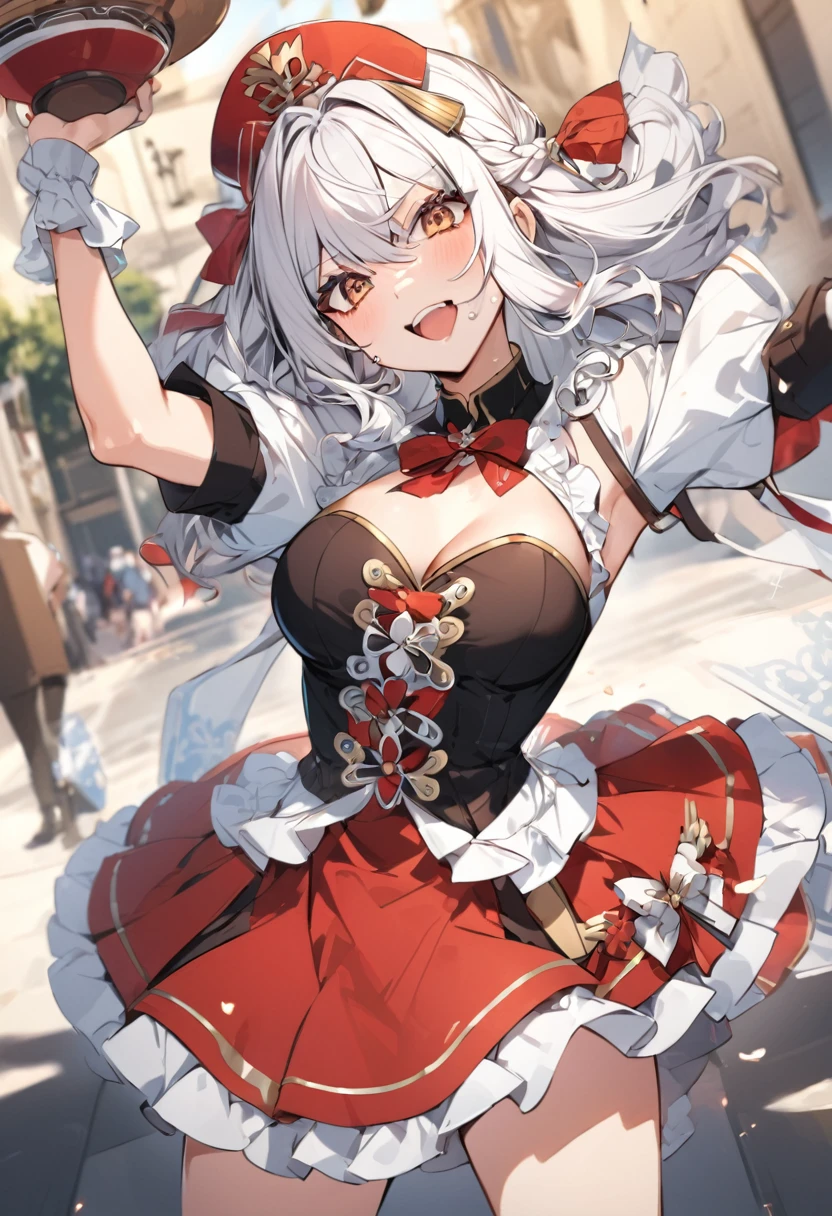 Anime girl in red and white dress holds a red rose., Kuchart Krenz Key Art Feminine, splash anime art , , to dress, Cute anime waifu in pretty outfits, Ayaka Genshin Impact, Azure Lane Style, From the video game Azur Lane, official artwork, Clear and crisp RPG visuals, official art, big breasts, realistically, girl