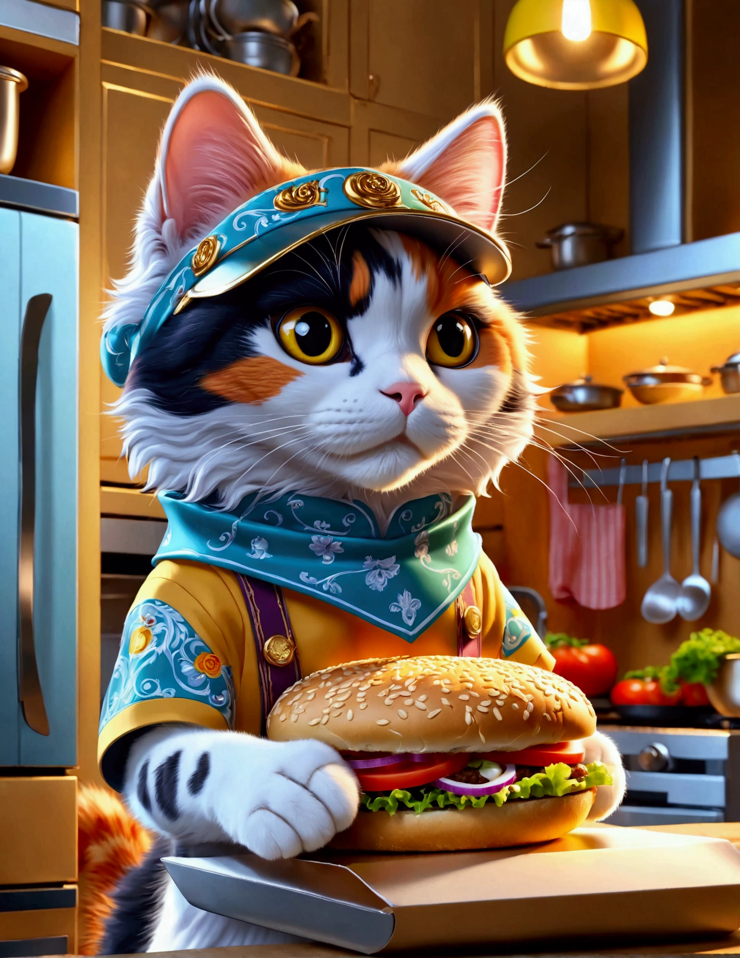 (Close-up of anthropomorphic cat puts hamburger inside ornate package:1.3) in (dynamic pose:1.0), (stylish branded shirt:1.1), (worker cap:1.2), (colorful apron:1.1), modern kitchen with refrigerator and cooking station, intricate design, bright colors, masterpiece in maximum 16K resolution, best quality, ultra detailed, aesthetics, absurdes.